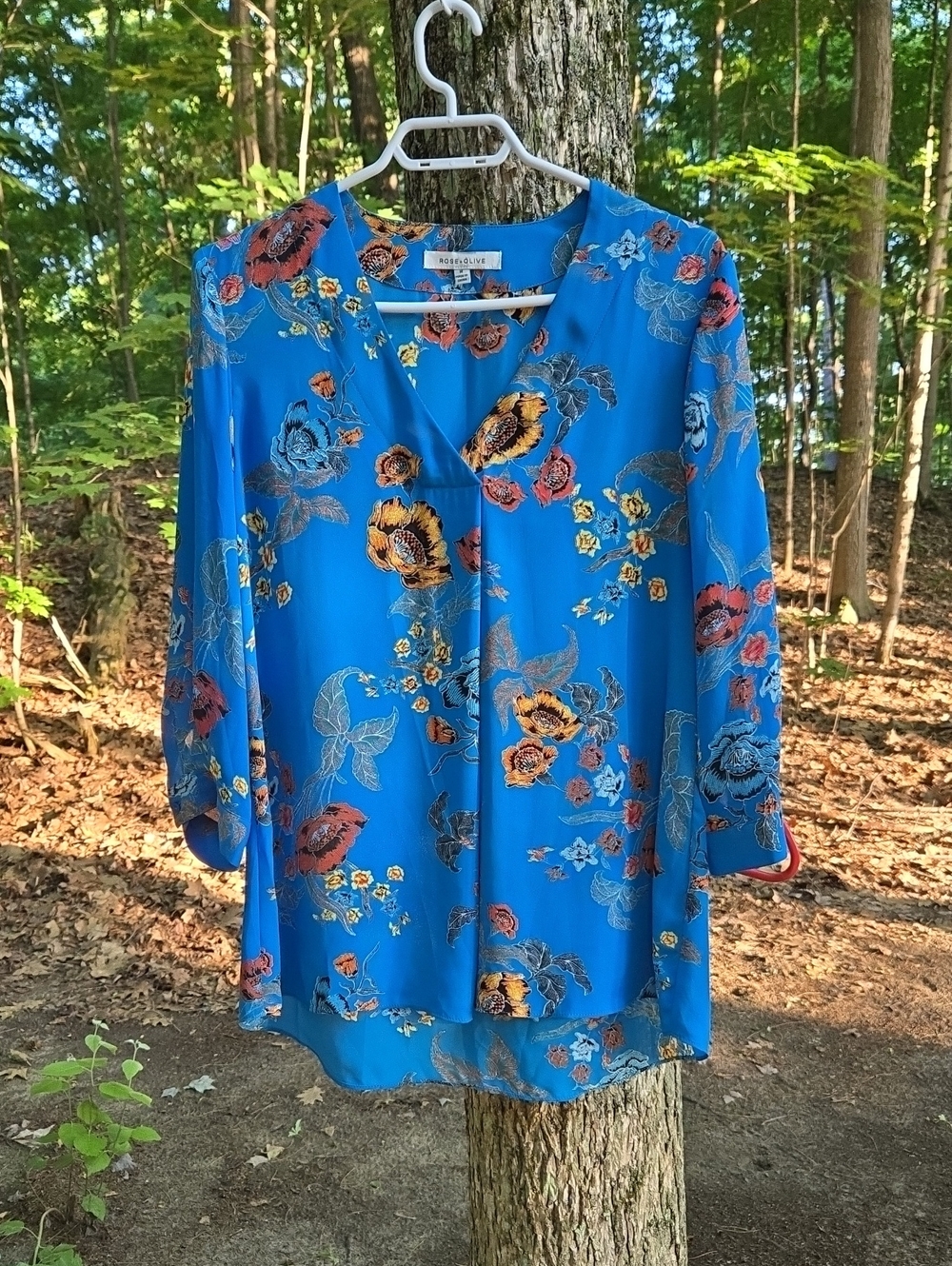 Rose & Olive Bright Blue Floral V-Neck Blouse